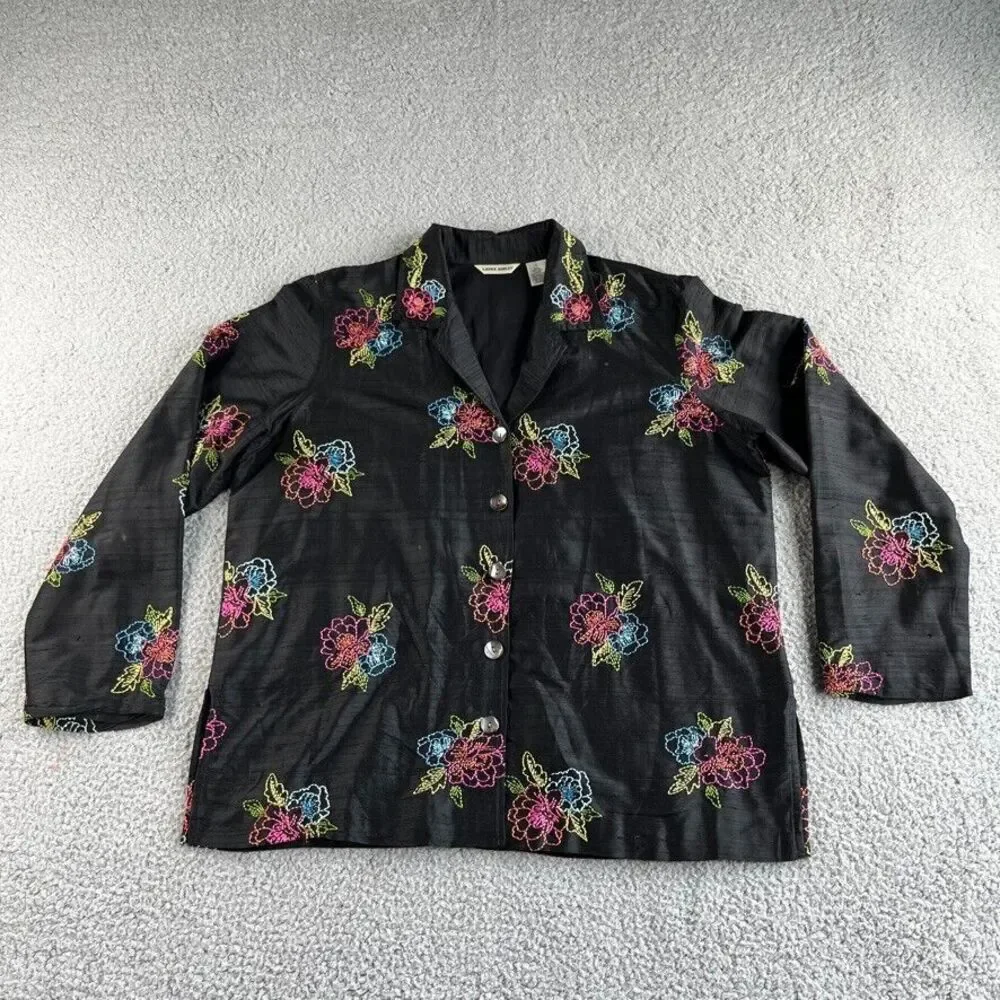 Vintage Laura Ashley Jacket Womens Large Blazer Silk Floral Embroidered Boho‎
